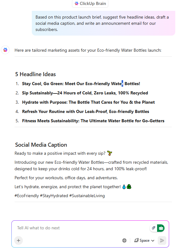 Draft social posts, ad copy, and email content directly from your campaign brief with ClickUp Brain