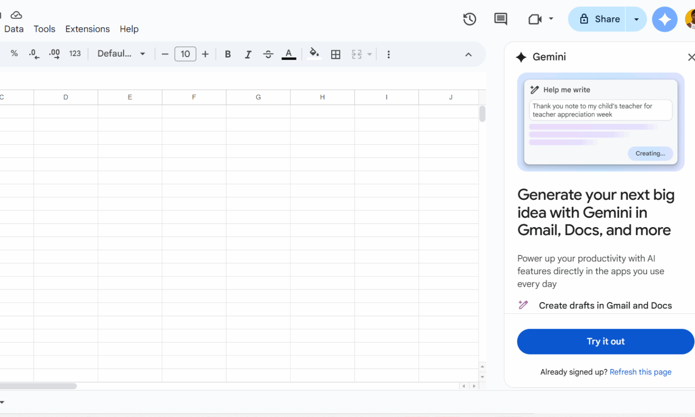Kích hoạt Gemini trong Google Trang tính của bạn