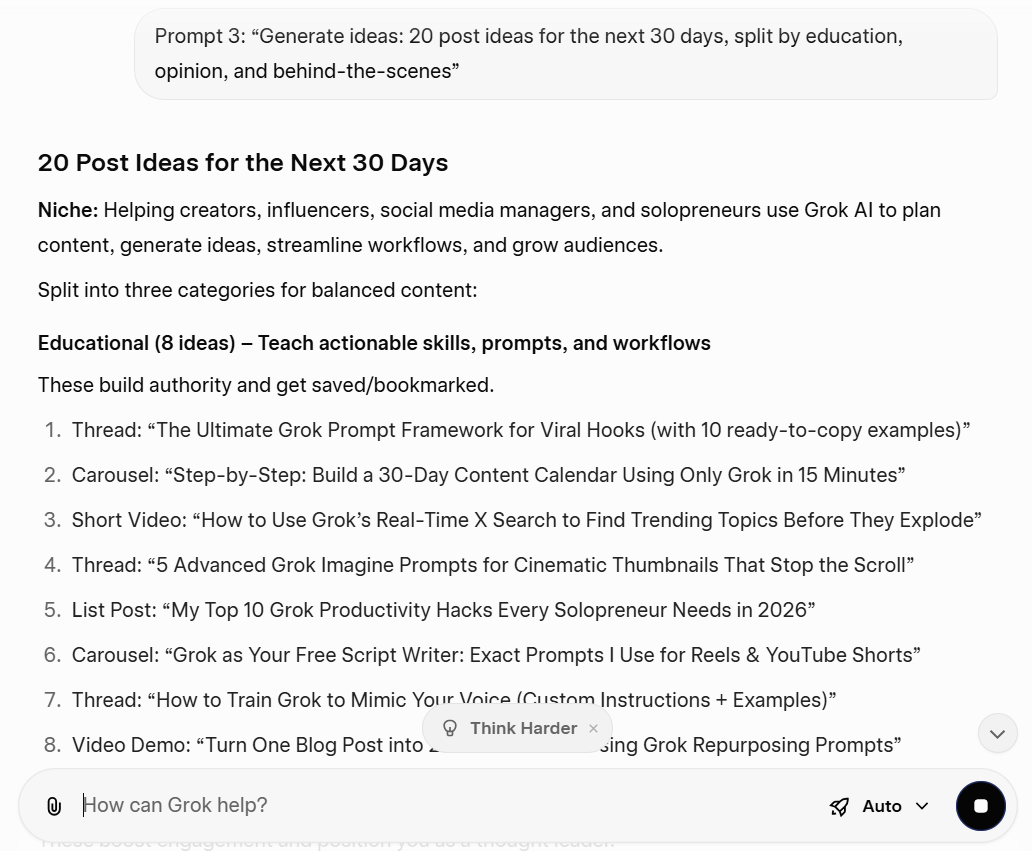Generate ideas- 20 post ideas for the next 30 days, split by education, opinion, and behind-the-scenes
