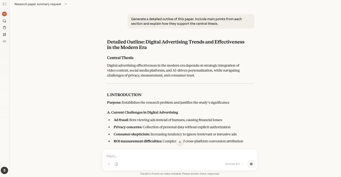 Claude: Buat kerangka kerja terstruktur dengan memulai obrolan baru yang berfokus pada dokumen akademik atau dokumen berformat panjang.