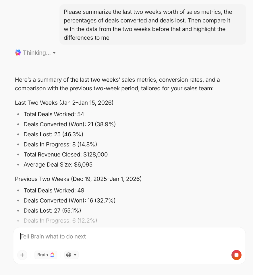 Obtenha resumos detalhados específicos do projeto e respostas com o ClickUp Brain.