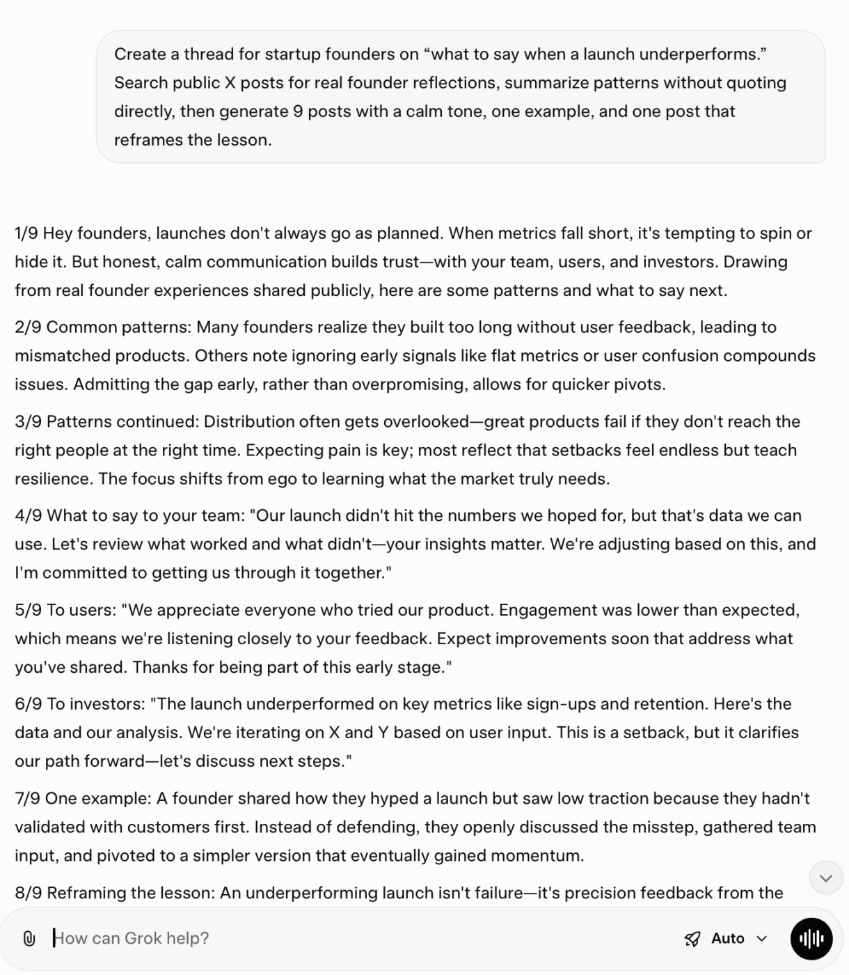 Grok AI thread for startup founders