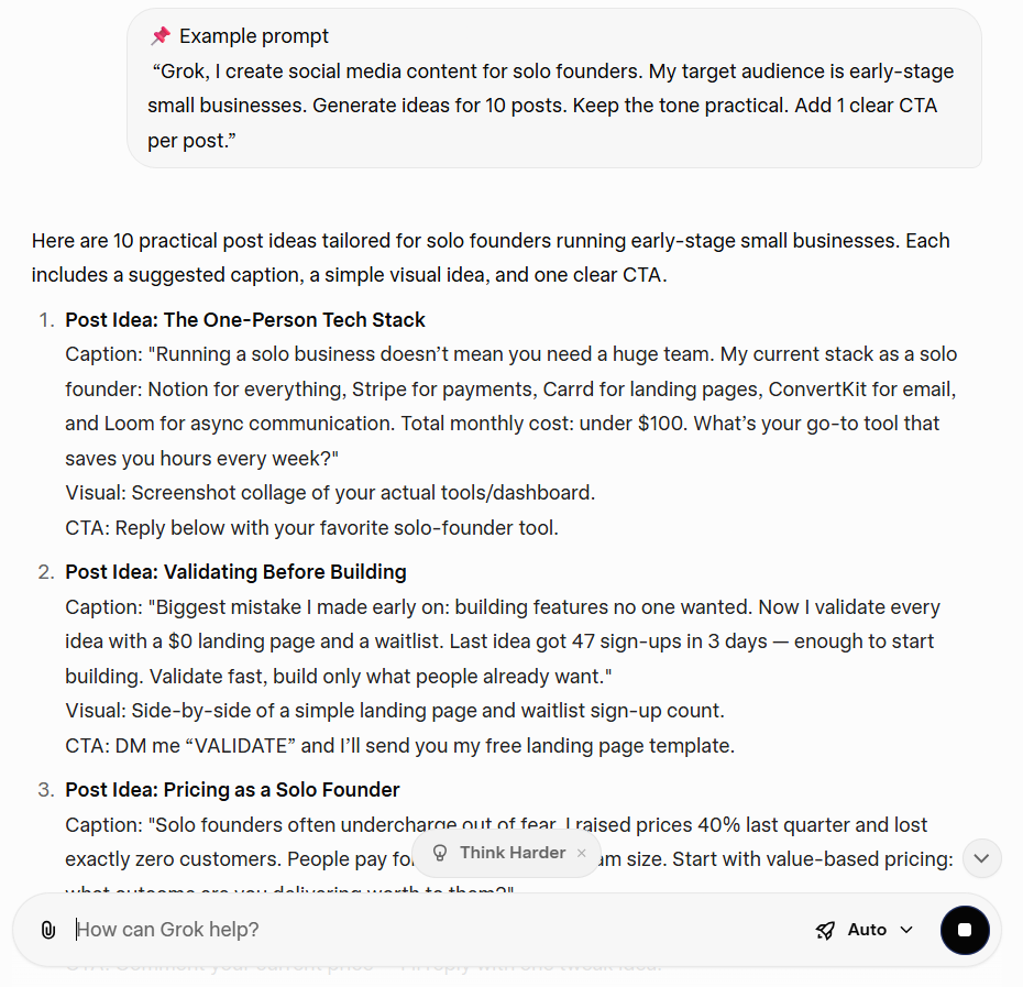 Grok, I create social media content for solo founders. My target audience is early-stage small businesses.
