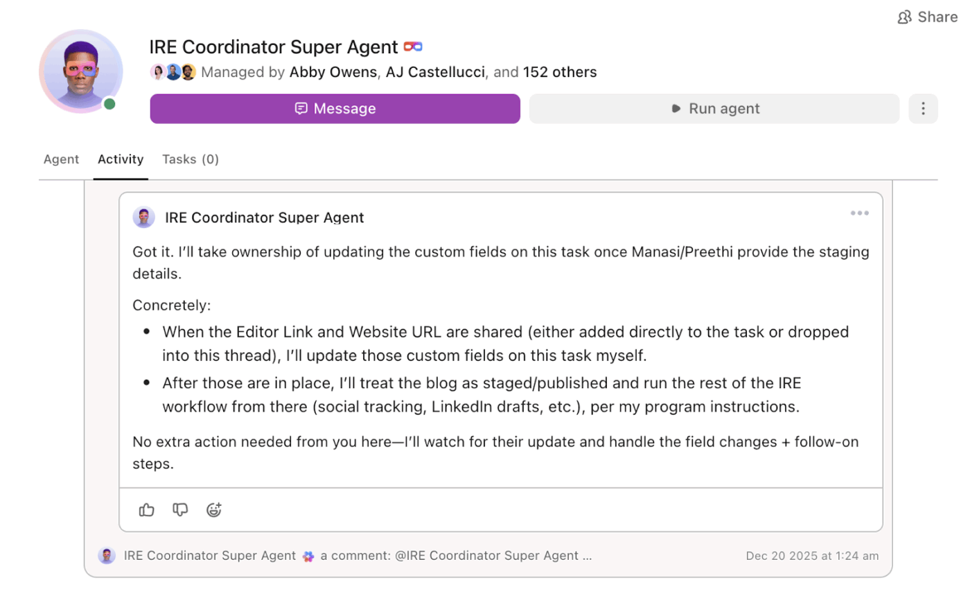 Hand over entire marketing workflows, such as creating, reviewing, and publishing social posts, to ClickUp Super Agents