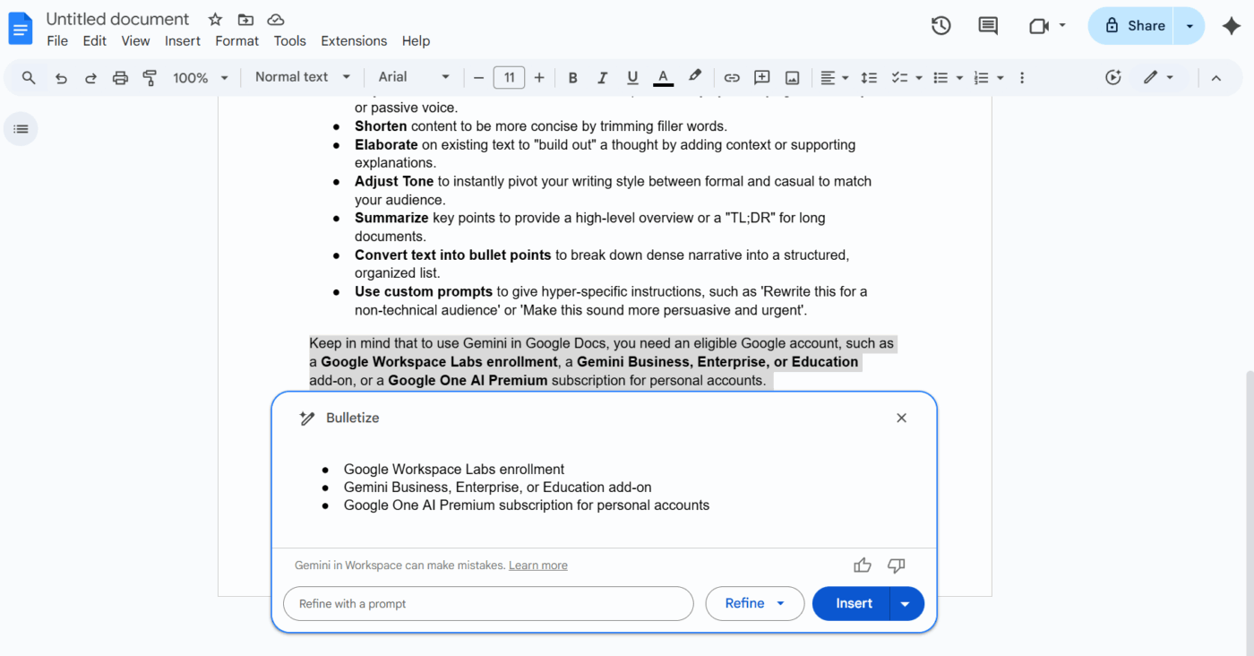 Tạo danh sách công việc gạch đầu dòng với Gemini