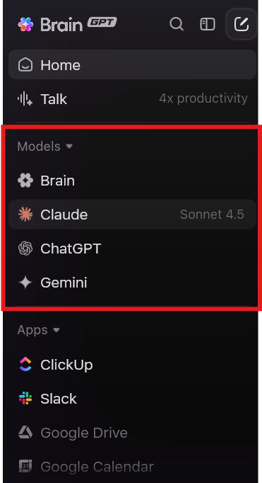 ClickUp BrainGPT: Buka bilah alat di sisi kiri untuk mengakses berbagai model AI.
