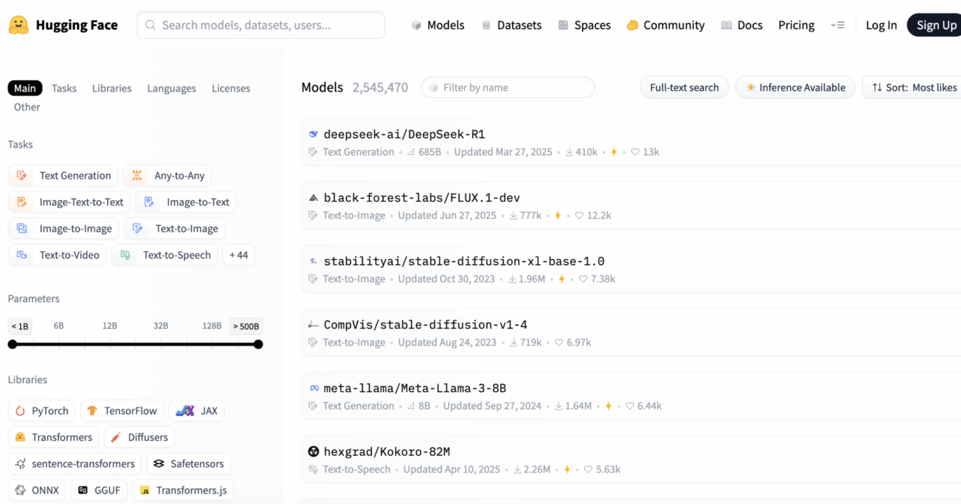 Listing page showing models on Hugging Face
Source: https://huggingface.co/models