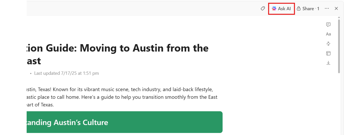 ClickUp Docs: Klik tombol "Ask AI" di pojok kanan atas.