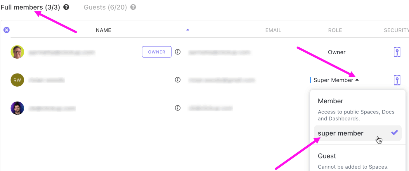 ClickUpのチームメンバー