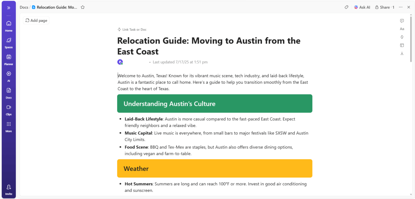 ClickUp Docs: Buat dokumen dengan semua informasi yang Anda butuhkan dirangkum.