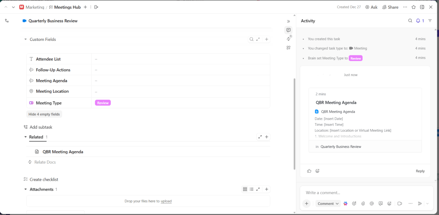 ClickUp Tasks: Organize meetings using Custom Fields like agenda type owner priority and meeting status