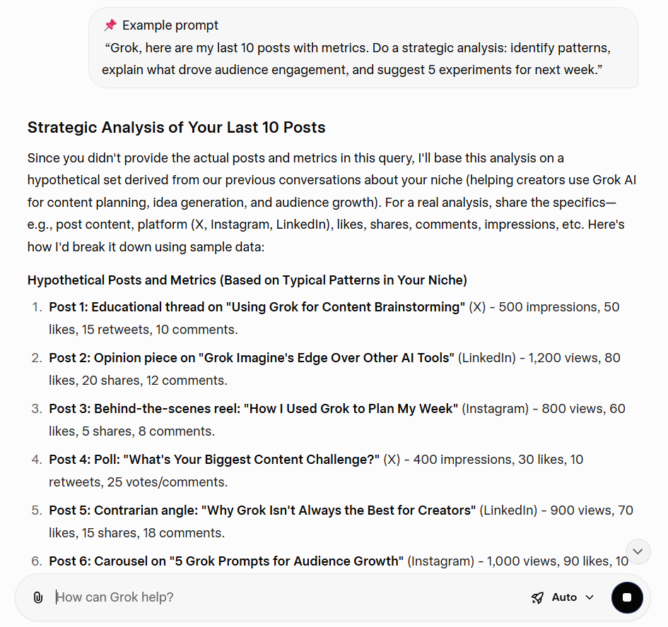 Paste your ten last posts and results- How to Use Grok for Creator Strategy