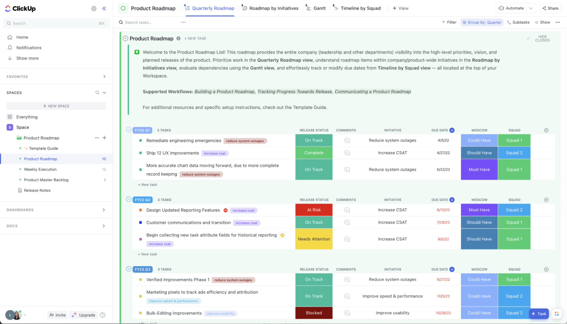 ClickUp Product Roadmap Template
