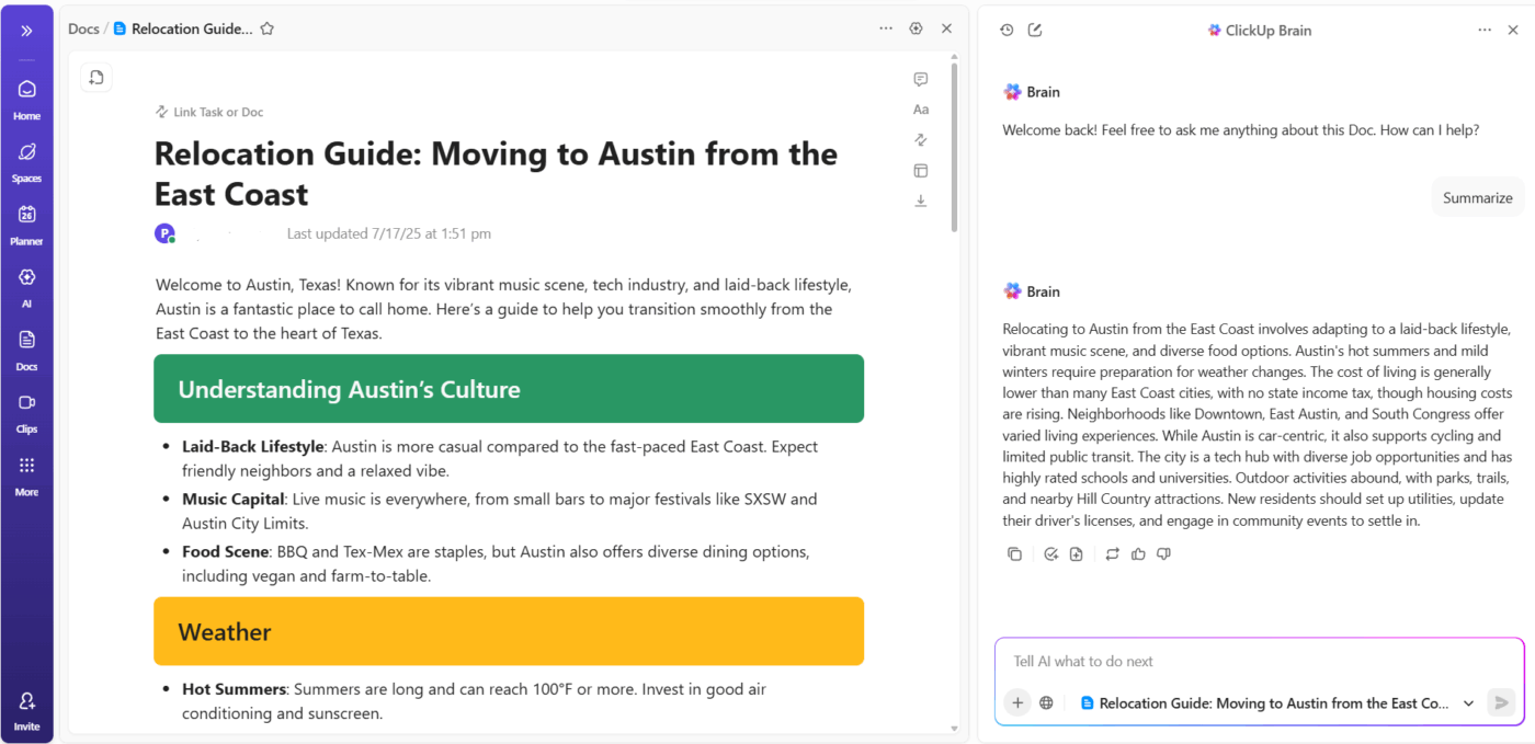 ClickUp Docs: Periksa ringkasan setelah ClickUp Brain menghasilkannya.