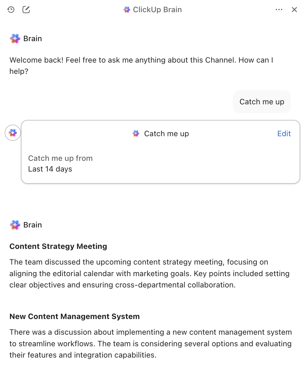 Catch me up feature on with ClickUp Brain and Chat