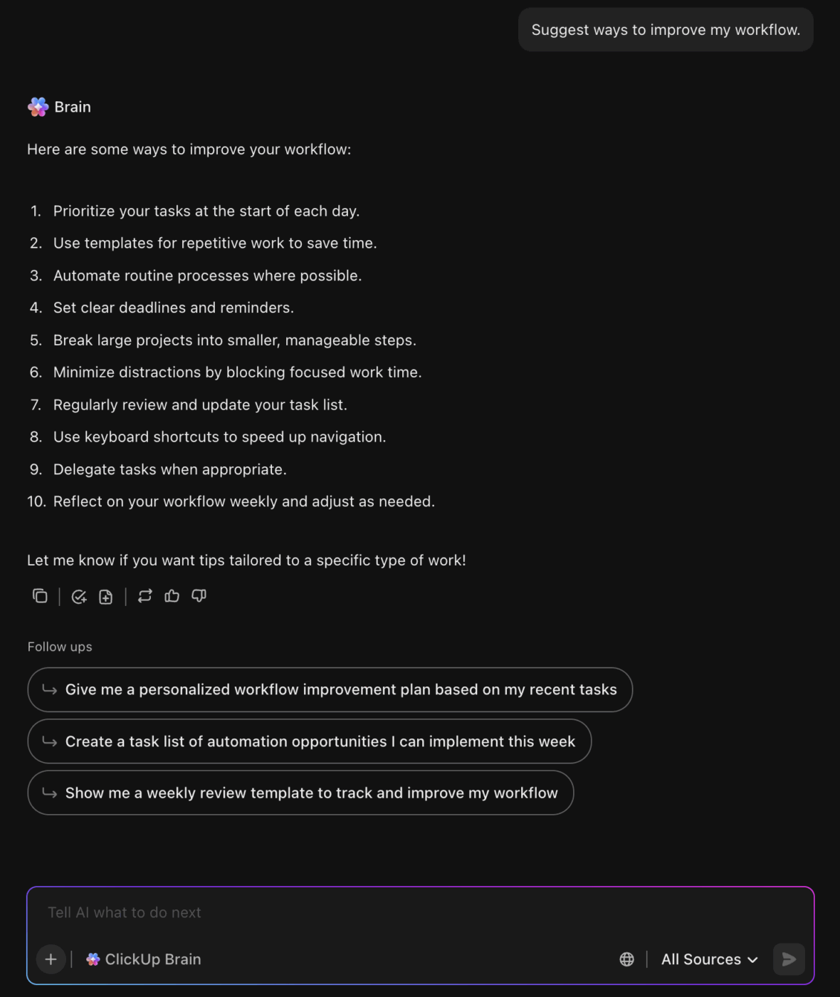 ClickUp Brain shares actionable tips to streamline your workflow and boost efficiency