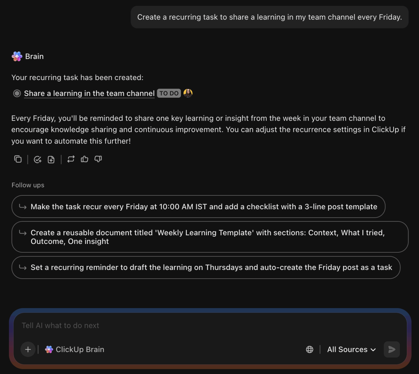 ClickUp Brain helps you set recurring tasks