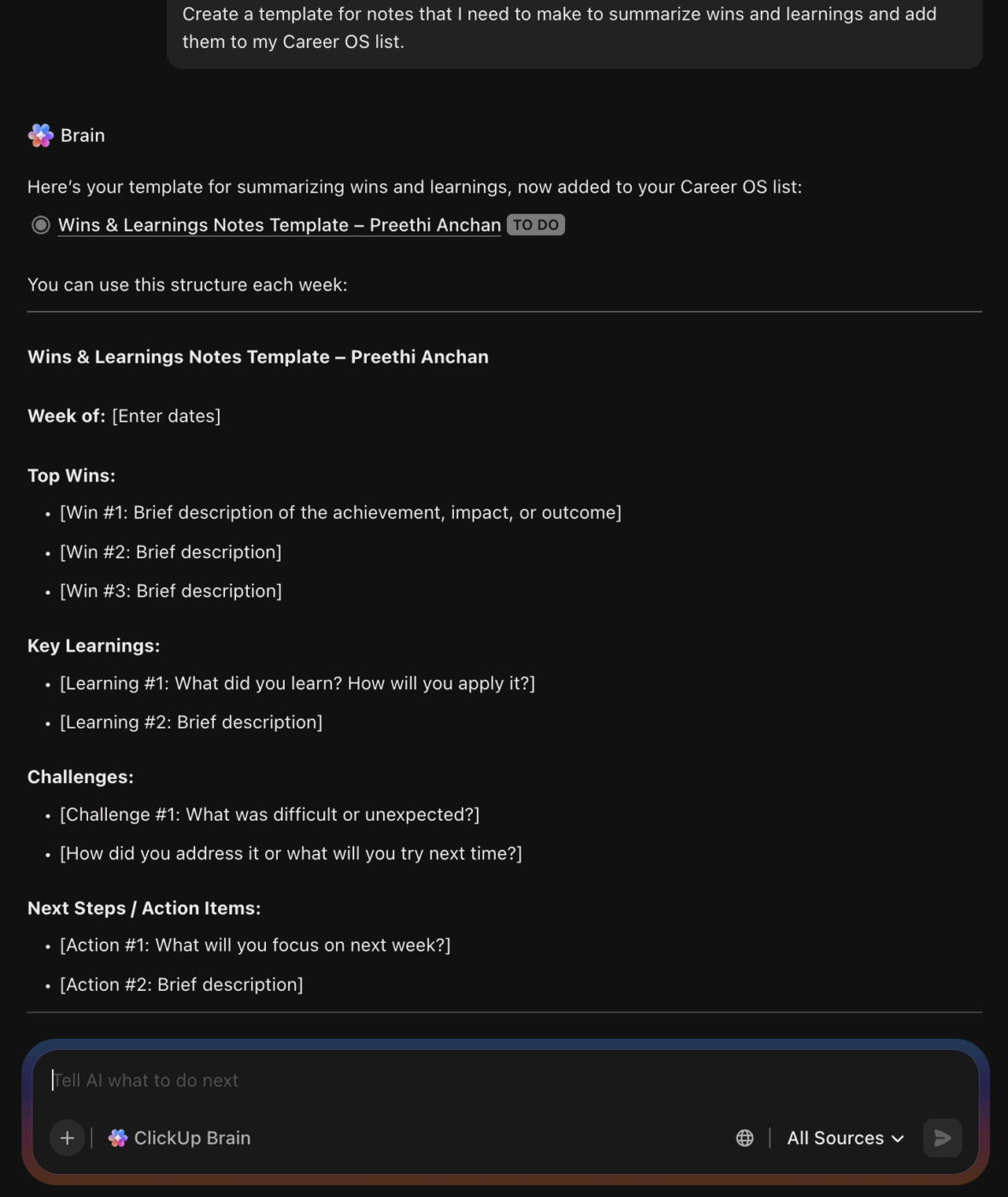 Use ClickUp Brain to create tasks to note down your wins and help summarize them