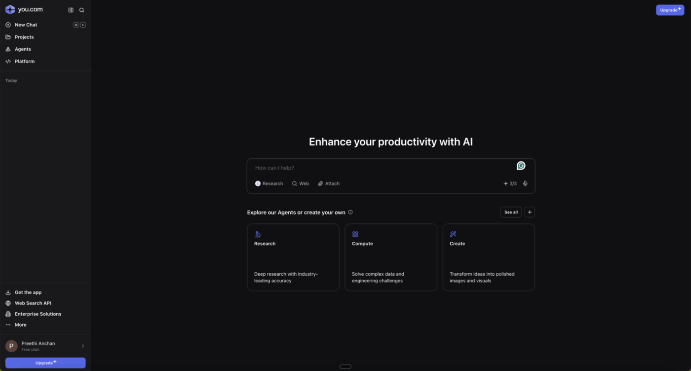 หน้าหลักของแพลตฟอร์ม you.com AI นำเสนอเครื่องมือสำหรับการวิจัย การคำนวณ และงานสร้างสรรค์ เพื่อช่วยให้ผู้ใช้เพิ่มประสิทธิภาพการทำงานด้วยตัวแทนที่ขับเคลื่อนด้วย AI