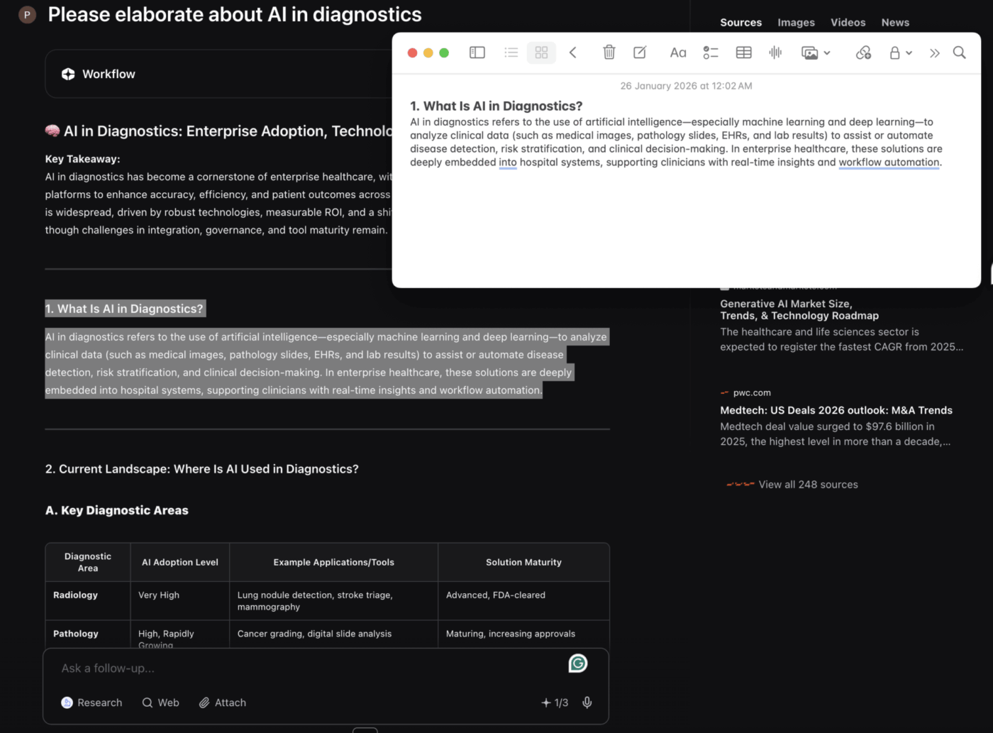 คัดลอกข้อมูลเชิงลึกด้านการวินิจฉัยที่สร้างโดย AI ไปยังบันทึกหรือเอกสารของคุณได้อย่างรวดเร็วด้วย you.com