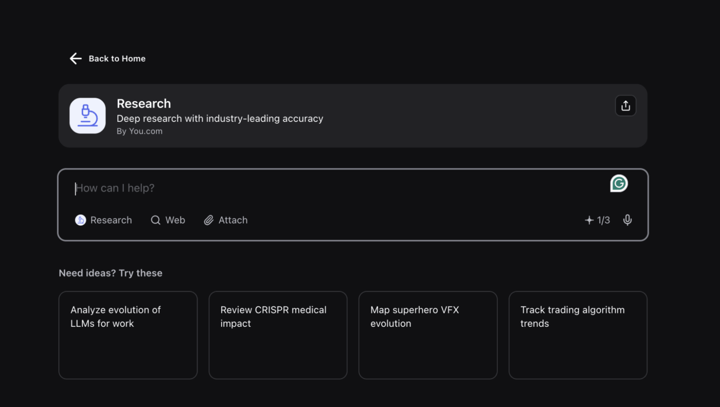 ตัวแทนวิจัยบน you.com ช่วยให้สามารถทำการวิจัยเชิงลึกได้อย่างแม่นยำระดับแนวหน้าของอุตสาหกรรม พร้อมแนะนำข้อความเริ่มต้นสำหรับการวิเคราะห์แนวโน้ม ตรวจสอบผลกระทบทางวิทยาศาสตร์ และสำรวจหัวข้อที่ซับซ้อน
