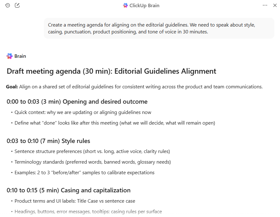 ClickUp Brain helps you create polished and organized meeting agendas so that clarity is not compromised