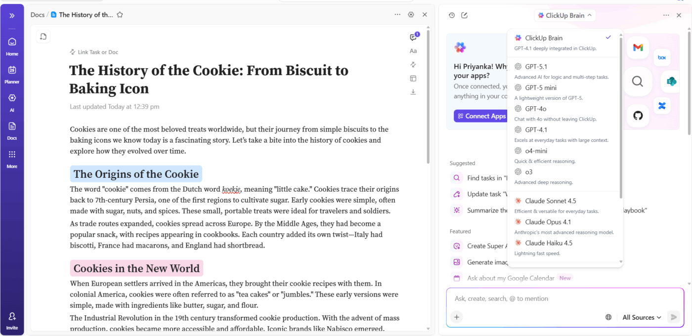 Lựa chọn các mô hình AI khác nhau trong ClickUp Brain để áp dụng các phương pháp viết lại đa dạng.