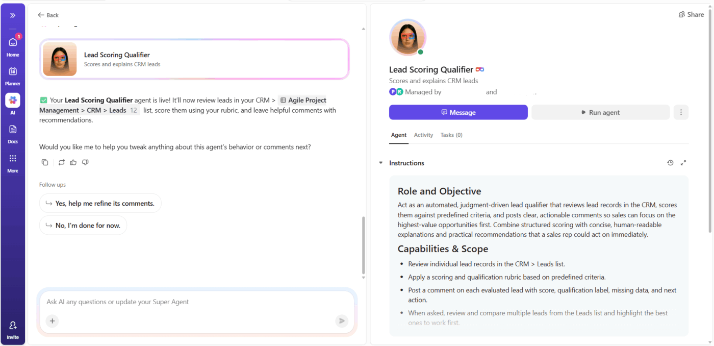ClickUp Super Agent Mentions in Chat: Enable real time call monitoring–style responsiveness within team conversations