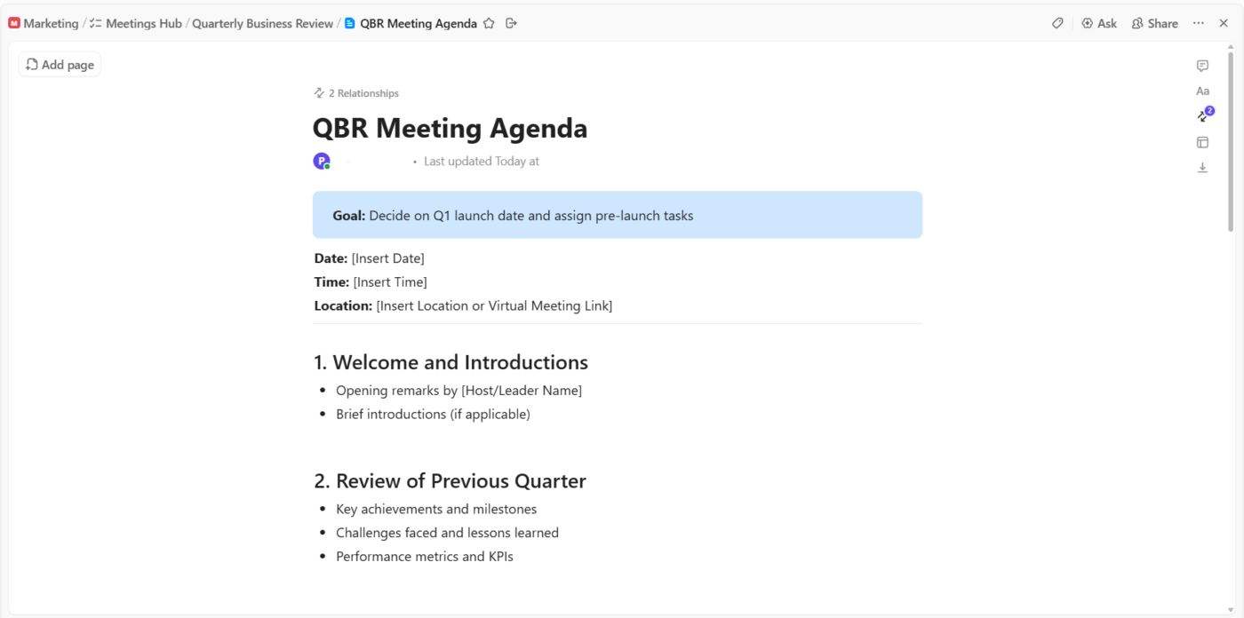 ClickUp Docs: Define meeting goals clearly at the top of the agenda to keep discussions focused_how to run meetings in clickup