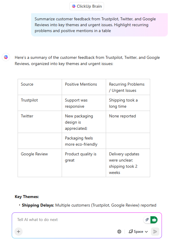 Summarize hundreds of reviews into instant insights using ClickUp Brain- Brand Monitoring