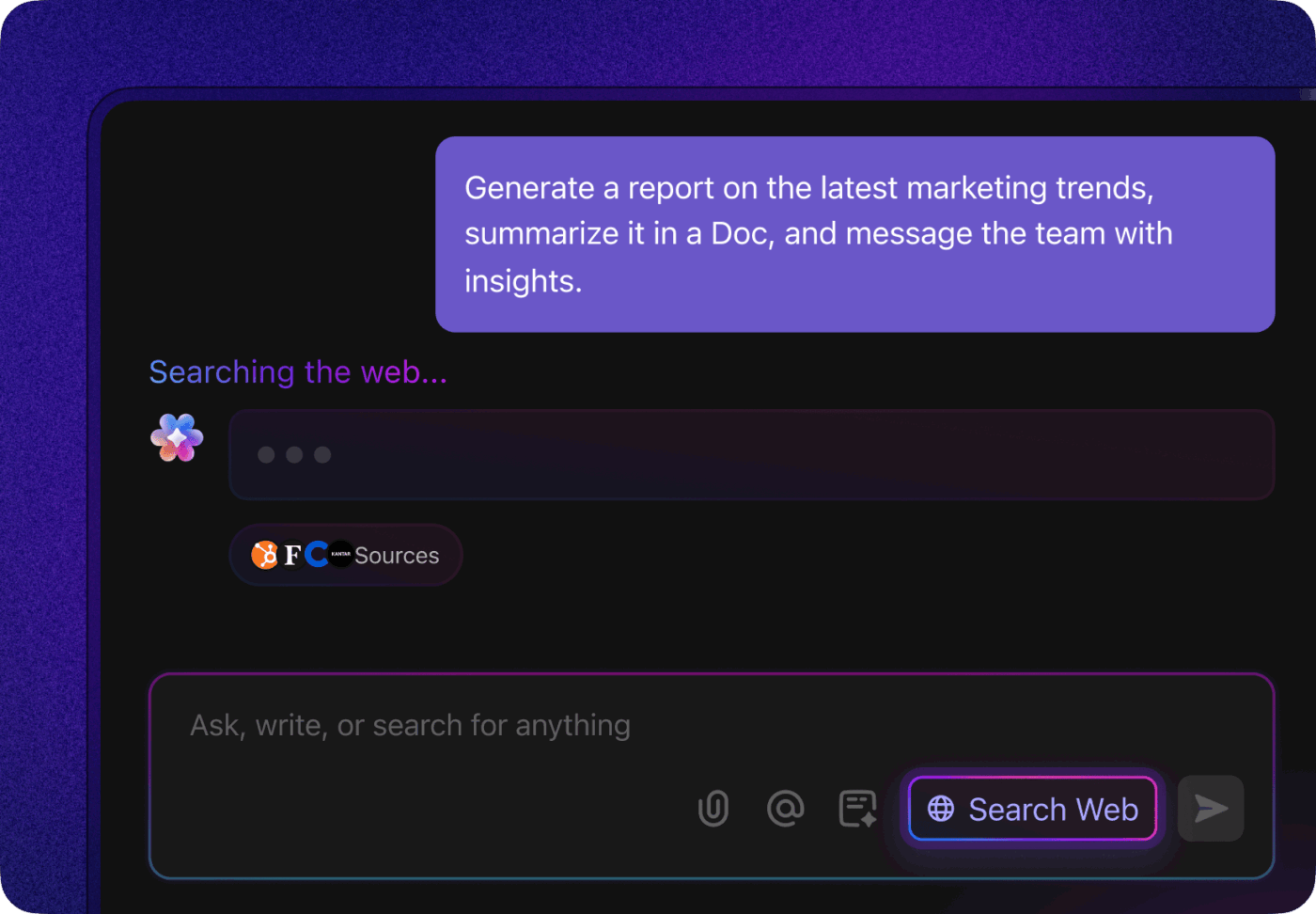 Transforme conhecimentos dispersos em relatórios e resumos com o ClickUp Brain — workslop gerado por IA.