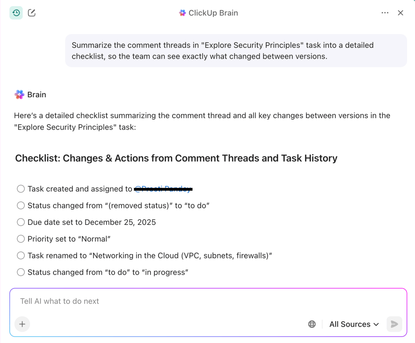 Turn comment threads into clean checklists with ClickUp Brain