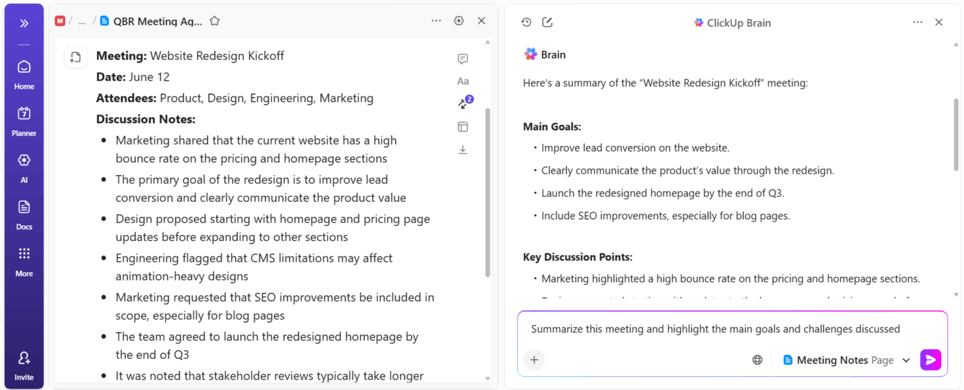 ClickUp Brain: Summarize meetings extract decisions and turn notes into actionable next steps
_how to run meetings in clickup