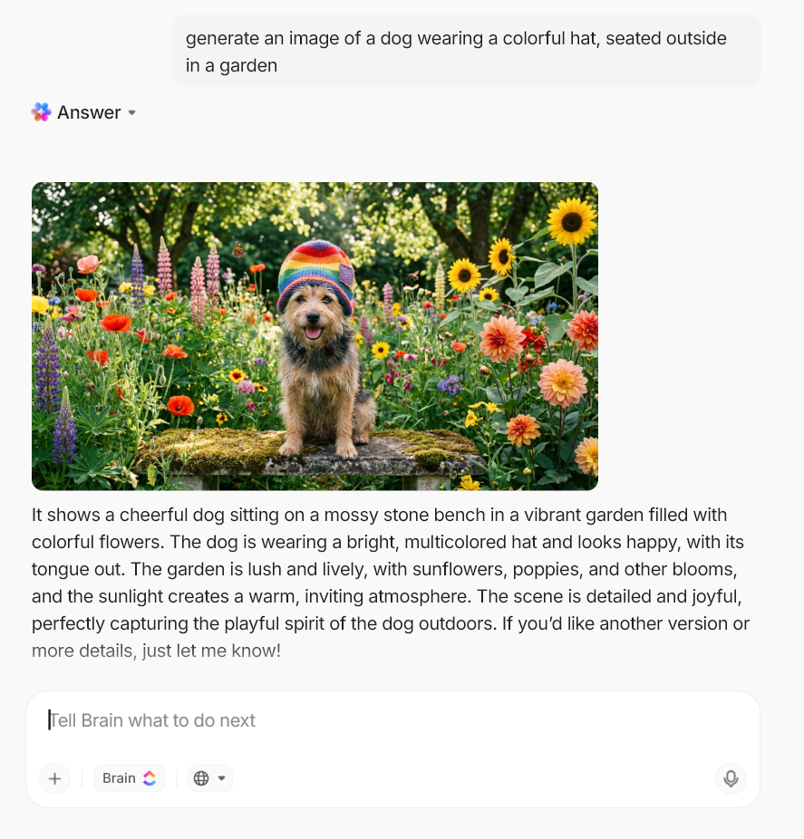 Convierte tus indicaciones en imágenes realistas con ClickUp Brain.