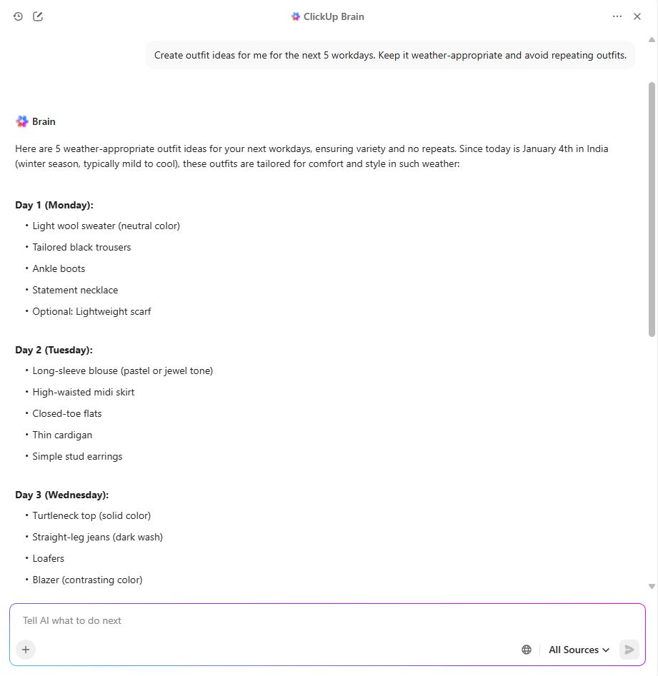 Use ClickUp Brain for outfit planning