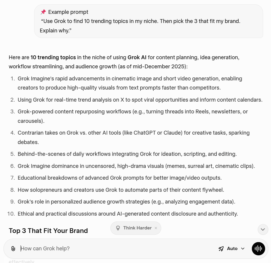 Use Grok to find 10 trending topics in my niche. Then pick three that fit my brand.
