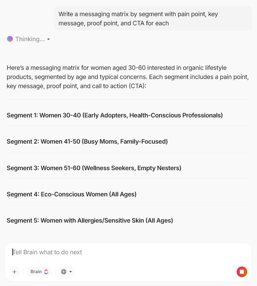 Write a messaging matrix by segment with pain point, key message, proof point, and CTA for each chatgpt marketing use cases