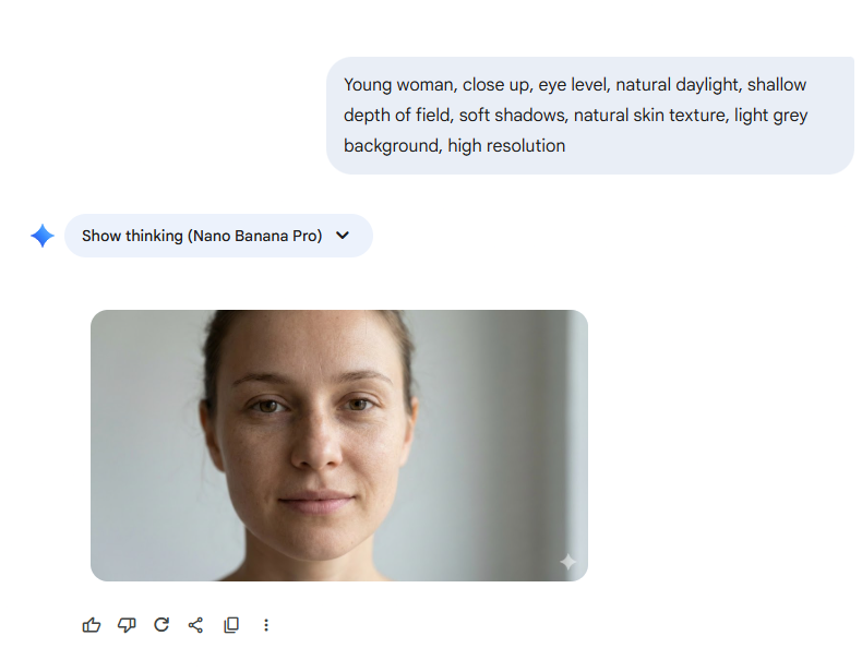 Mujer joven, primer plano, a la altura de los ojos, luz natural, profundidad de campo reducida, sombras suaves, textura natural de la piel, fondo gris claro, alta resolución.