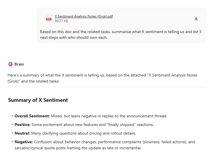 ClickUp Brain: how to use Grok for sentiment analysis on x