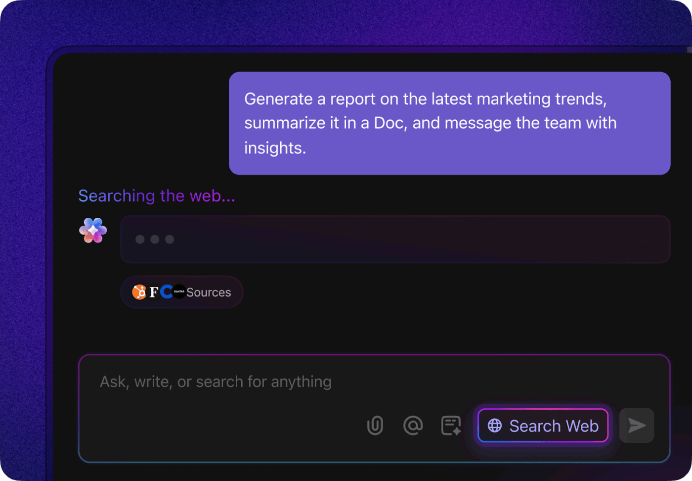 Access multiple LLMs, run real-time web searches, and get highly contextual answers to your work questions with ClickUp Brain