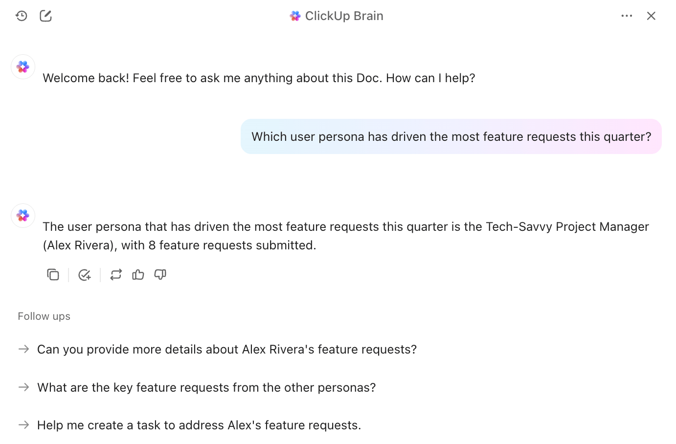 Get instant, data-driven answers with ClickUp Brain