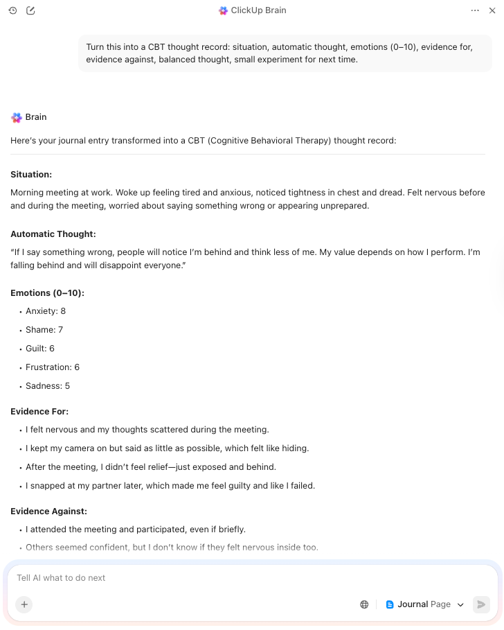 Üben Sie CBT-Techniken mit ClickUp Brain: KI für die psychische Gesundheit