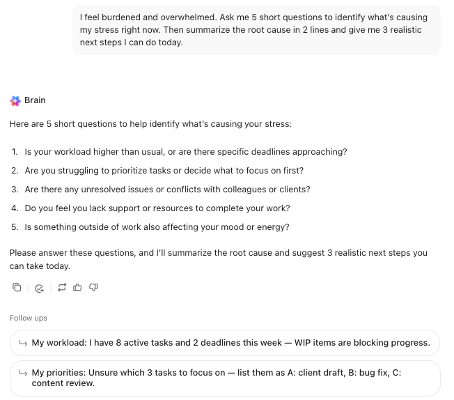 Verwenden Sie ClickUp Brain, um relevante interne Anleitungen genau dann bereitzustellen, wenn jemand sie benötigt: KI für die psychische Gesundheit.