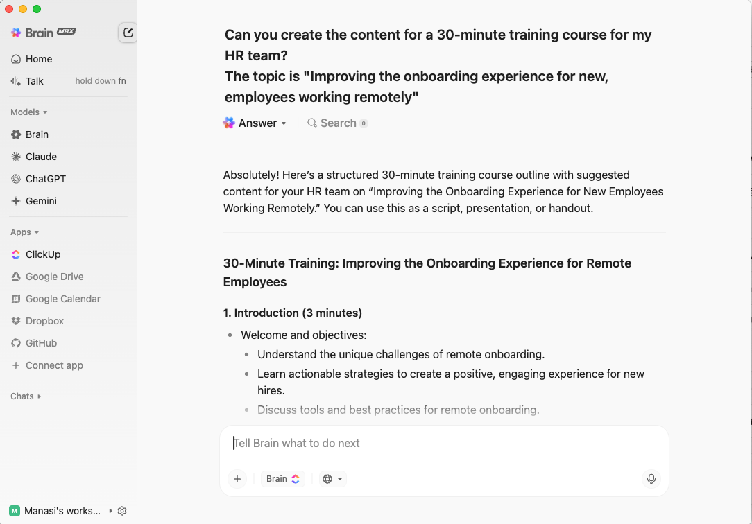 Verwandeln Sie mit ClickUp Brain : KI für mentale Gesundheit eine einfache Eingabeaufforderung in Sekundenschnelle in ausgefeilte Schulungsinhalte.