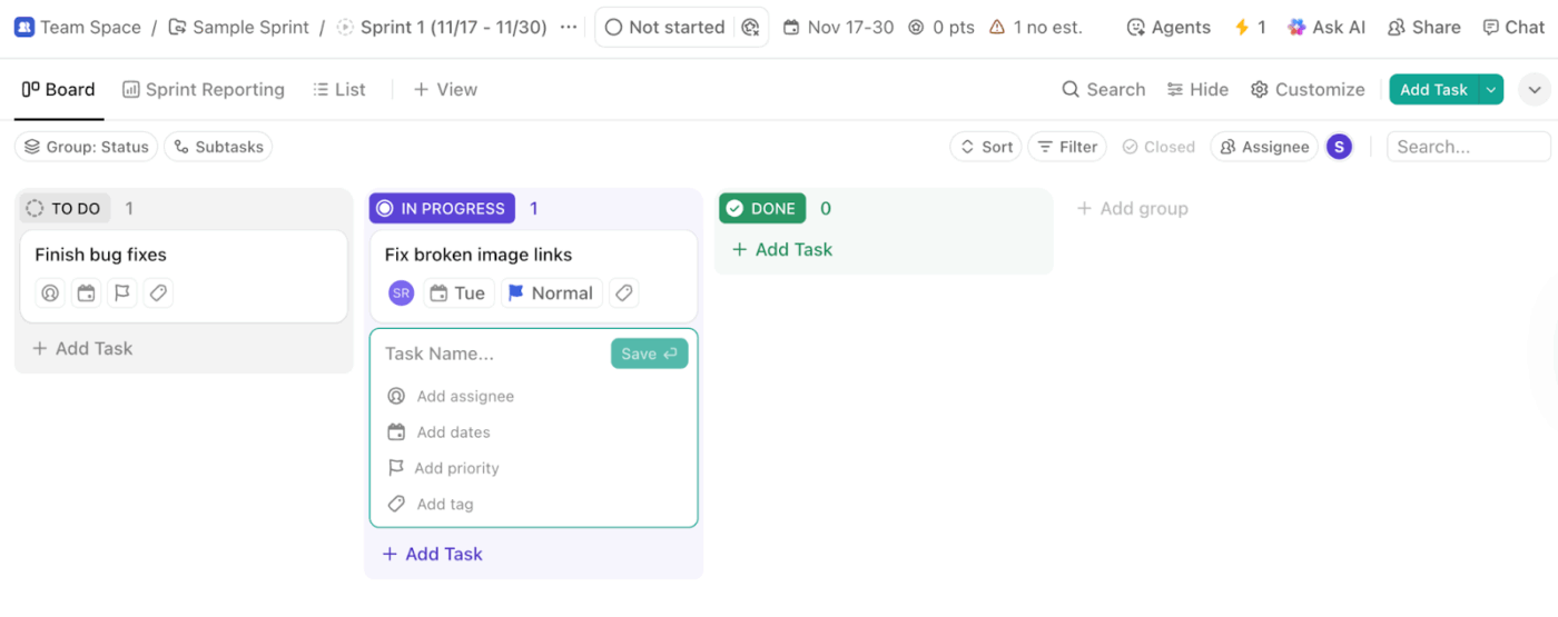 Track sprint progress and spot bottlenecks in real time by managing tasks in the ClickUp Board View