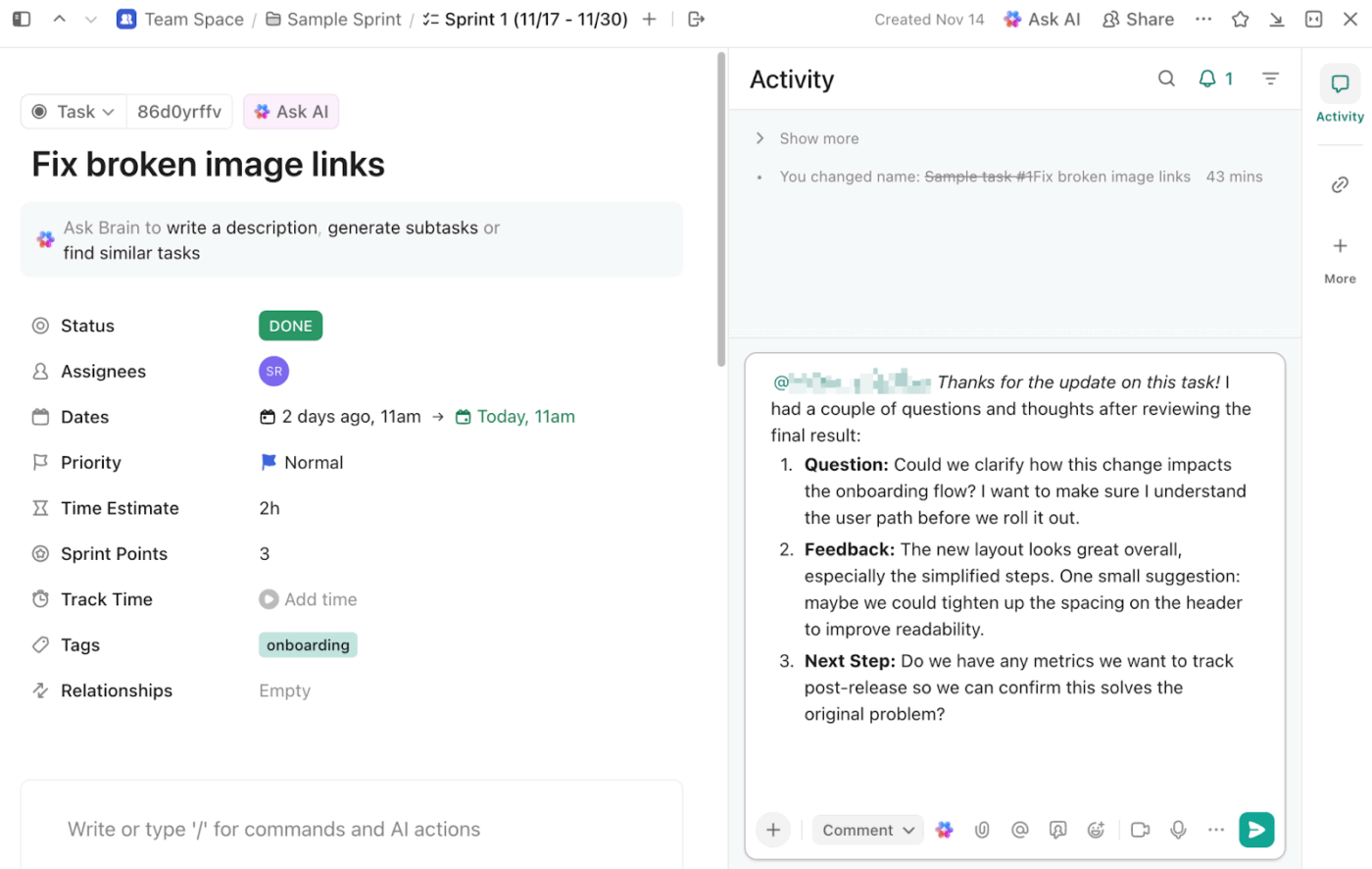 Use task comments in ClickUp to @mention, ask questions, and get feedback: how clickup uses sprint boards to streamline Agile product development