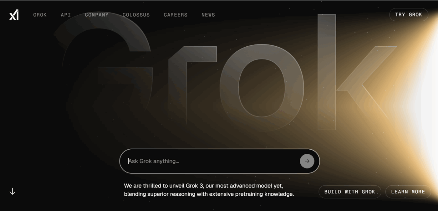 Úvodní rozhraní Grok, kde uživatelé zadávají příkazy pro získání webových a X dat v reálném čase.