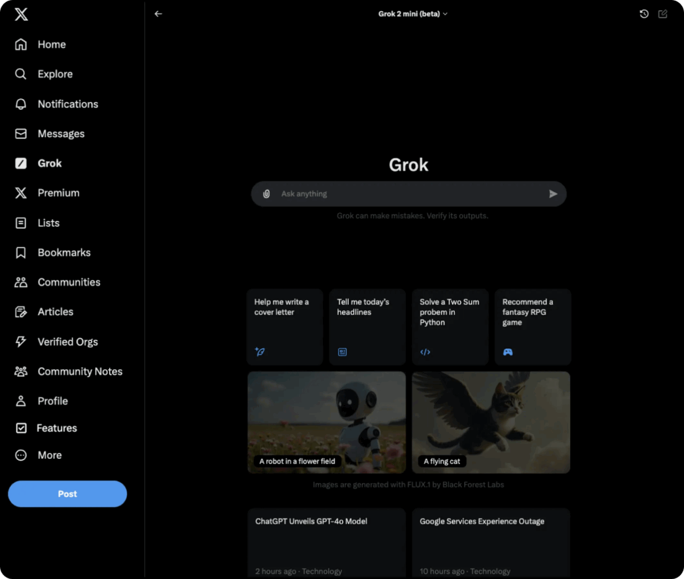 Obrazovka rozhraní Grok sloužící ke konfiguraci výzev a ověřování přístupu k prohlížení v reálném čase