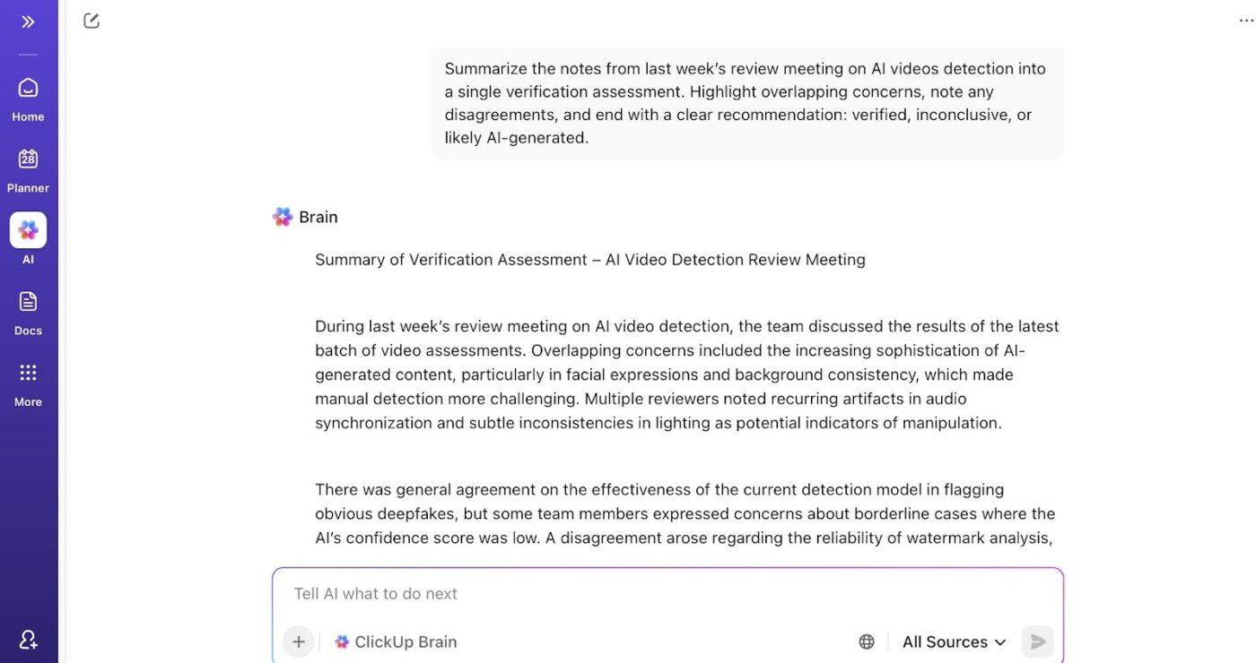 ClickUp Brain: generate video review checklists within your workspace