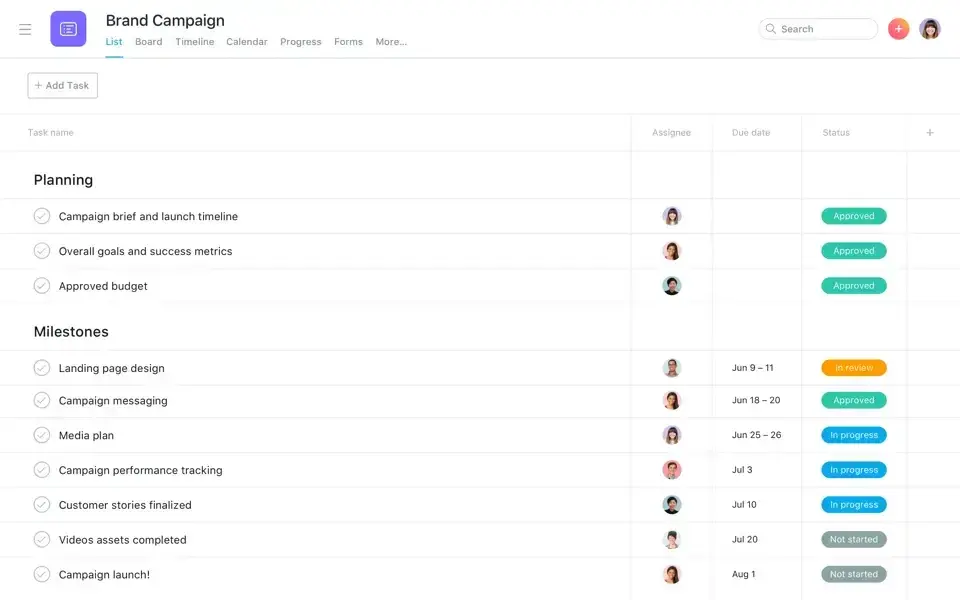 Asana dashboard : Upbase Alternative